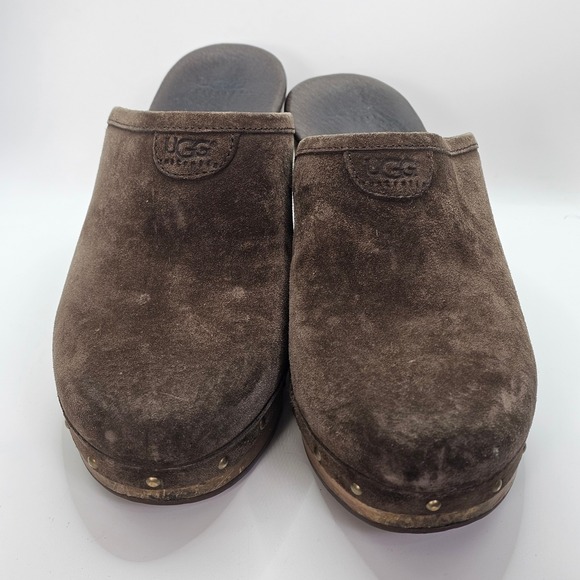 UGG Australia Suede Wooden Clog Mule Heels Sheepskin Lined Brown Sz 8 EU39 - Picture 3 of 10